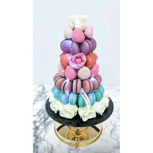 Blue Pink Purple Orange Macaron with White Roses Tower (Medium)